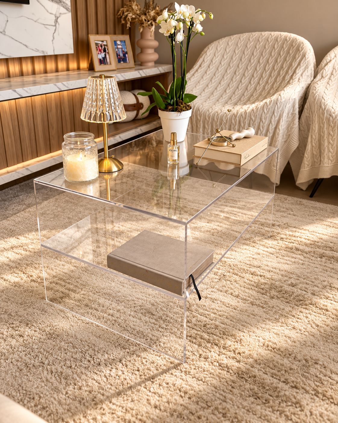 Mesa de centro transparente em ambiente elegante